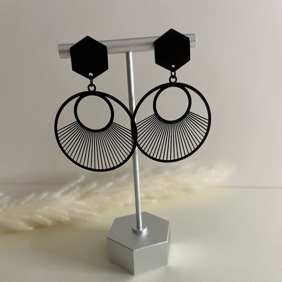 Black Art Deco Geometric Classic Dangle Earrings - Minimalist Statement Earrings - Picture 12 of 14